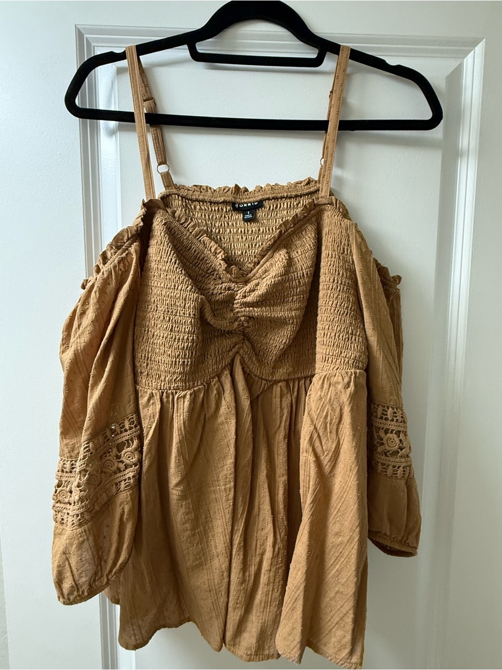torrid tan cold-shoulder smocked camisole